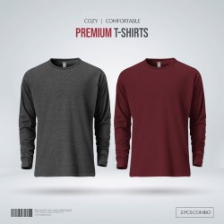 Mens Premium Blank Full Sleeve T Shirt Combo - Anthra Melange, Redwine - Blank | SALT