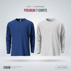 Mens Premium Blank Full Sleeve T Shirt Combo - Deep Blue, Gray Melange - Blank | SALT