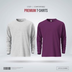 Mens Premium Blank Full Sleeve T Shirt Combo - Gray Melange, Purple - Blank | SALT