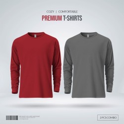 Mens Premium Blank Full Sleeve T Shirt Combo- Red, Charcoal - Blank | SALT