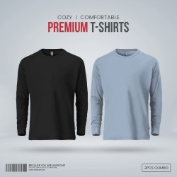 Mens Premium Blank Full Sleeve T Shirt Combo - Sky Blue and Black - Blank | SALT