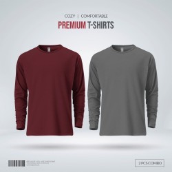 Mens Premium Blank Full Sleeve T Shirt Combo - Redwine, Charcoal - Blank | SALT